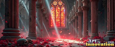 A low perspective inside a cathedral filled with skulls, red petals, and sunbeams