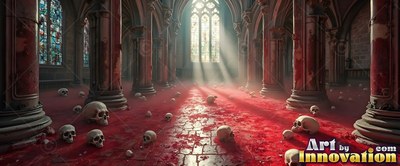 Sunlight pours into a cathedral with skulls scattered across a red floor
