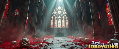 In a foggy cathedral with stone walls, human skulls and red flower petals cover the floor