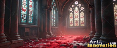 Standing under stained glass, a gothic cathedral has skulls scattered over red petals