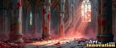A cathedral with red stains on stone pillars in sunlight