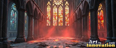 Red sunlight beams through tall stained-glass windows of a stone cathedral hall