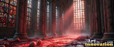 A cathedral aisle stretches past pillars as red sunlight streams across skulls on the floor