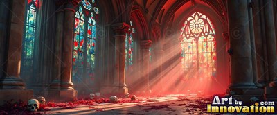 Viewed from a low angle in a cathedral with red sunbeams shining on skulls