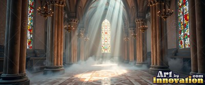 Sunbeams stream through mist onto the floor of an empty cathedral with stone walls