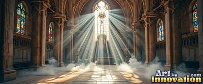 Inside a stone cathedral, white sunlight beams shine through mist onto the altar floor