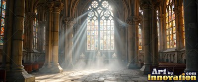 Pouring through high stained glass, bright sunlight fills a misty cathedral with stone walls