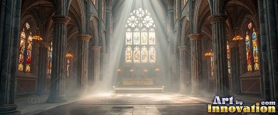 A cathedral altar with bright sunlight through mist