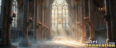 Tall stone pillars line a foggy cathedral hall where sunlight streams through a window