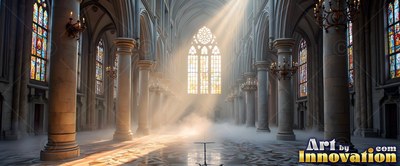 A tall stone cathedral fills with white fog as bright yellow sunlight streams through the windows