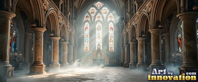 Facing straight down the misty aisle of a cathedral with sunlit windows