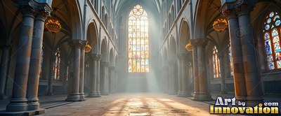 Sunlight streams through a tall stained glass window inside an empty cathedral