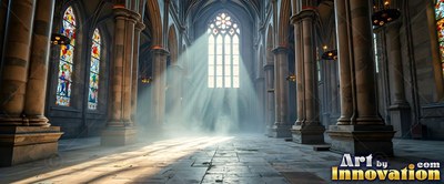 In a stone cathedral, bright sunlight streams through a tall window into hazy mist