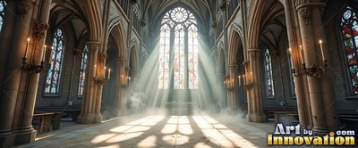 Pouring through tall windows, bright sunbeams light up a stone cathedral floor