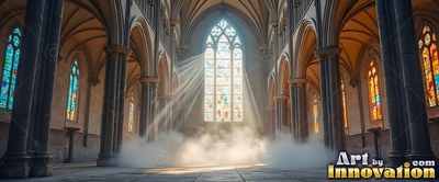 Cathedral interior with sunbeams shining through mist onto stone floor