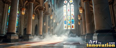 Tall stone pillars rise through white mist across the floor of a sunlit cathedral