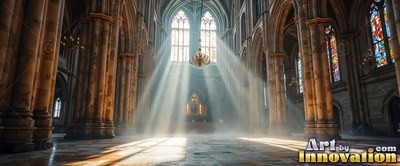 A cathedral lets sunlight stream through tall windows across a hazy stone floor