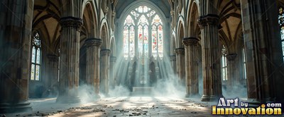 Viewed straight down the stone aisle of a cathedral with mist in the sunlight
