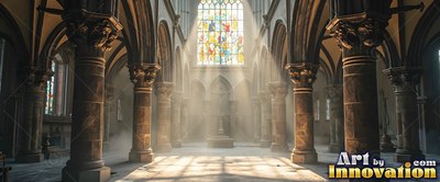 Sunlight streams through a stained glass window into a tall stone cathedral hall