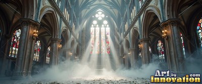In a tall stone cathedral, white mist drifts across the floor under bright sunlight rays
