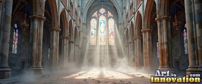 Streaming through colored glass, sunlight cuts white mist in a stone cathedral