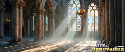 Cathedral interior with sunbeams hitting the stone floor