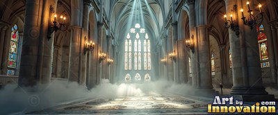 Arched stone columns flank thick white mist rolling across a sunny cathedral floor