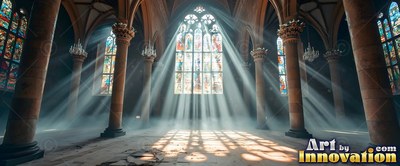 A tall stone cathedral fills with light streaming through tall windows into hazy air