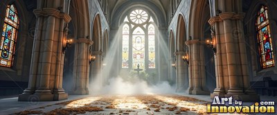 Facing straight down the aisle of a cathedral with sunbeams in white mist