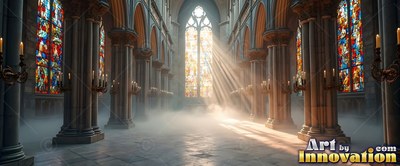 Bright sunbeams shine through stained glass into a misty tall stone cathedral