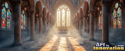 In a sunlit cathedral, white mist drifts between tall stone pillars