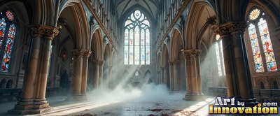 Drifting through stone pillars, white fog fills a cathedral lit by sunbeams