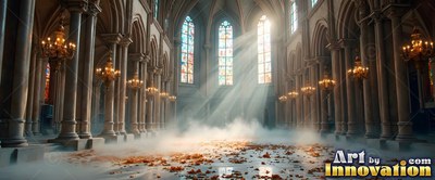 Cathedral interior with sunlight through mist onto fallen leaves