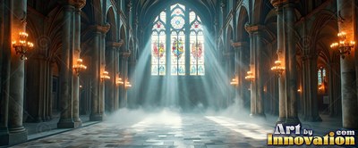 Arched stained-glass windows cast bright white sunbeams across a misty cathedral aisle