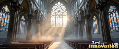 A cathedral fills with morning mist as bright sunlight beams through a round window