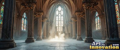 Facing forward down the hall of a stone cathedral where sunlight hits white mist