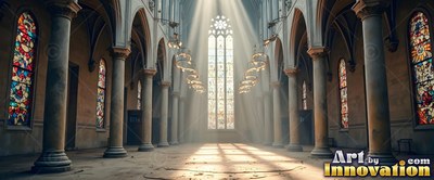 Bright sunlight streams down into a stone cathedral with tall pillars and stained glass