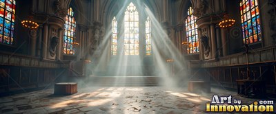 In a Gothic cathedral, bright sunlight beams through windows onto misty floors