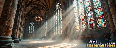 Streaming through stained-glass windows, bright sunbeams light a tall stone cathedral floor