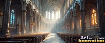 Sunlight streams down the center aisle of an empty cathedral
