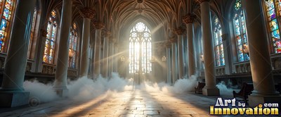 Tall stone pillars frame white mist drifting across the sunlit floor of a cathedral interior