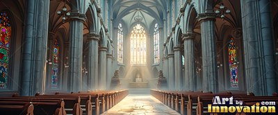 A cathedral aisle opens toward an altar illuminated by soft beams of sunlight