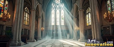 Facing directly down the aisle of a cathedral with sunbeams cutting the mist
