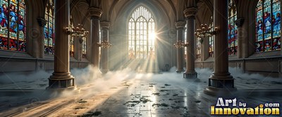 Bright sunlight streams through tall windows into a foggy cathedral hall