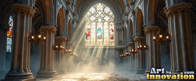 In a cathedral, bright sunbeams stream through stained-glass panels into white mist