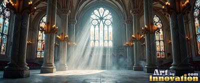 Shining through tall stained glass, bright sunlight cuts across a cathedral floor