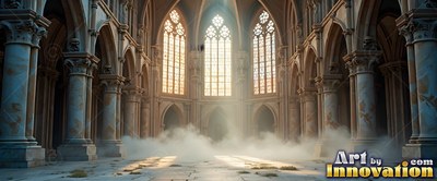 Cathedral interior with sunlight through tall windows onto misty stone floors