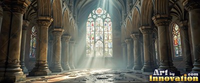 Beams of bright white sunlight shine through a stained glass window into a stone cathedral hall