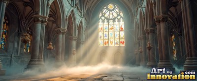 A cathedral with stone walls fills with white fog as sunbeams shine down through stained-glass windows