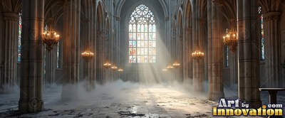 Viewed straight down the nave of a cathedral with stone walls with sunlight in low mist